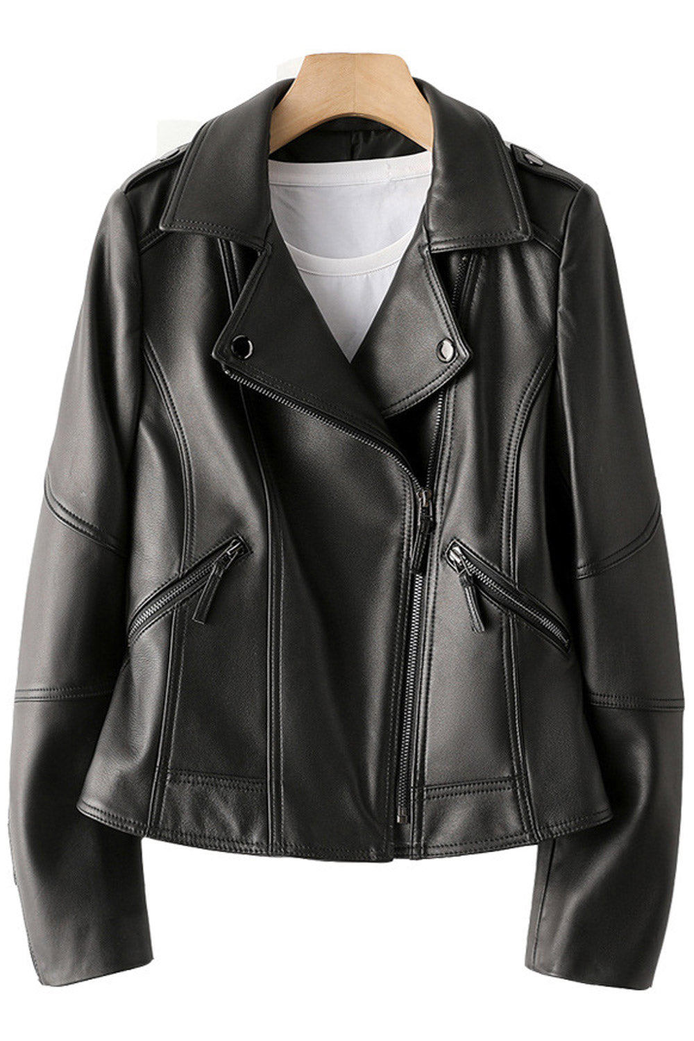 Women Excellent Lapel Collar Neck Solid Pattern Zipper Closure Pockets Elegant Winter Leather Jacket