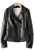 Women Excellent Lapel Collar Neck Solid Pattern Zipper Closure Pockets Elegant Winter Leather Jacket