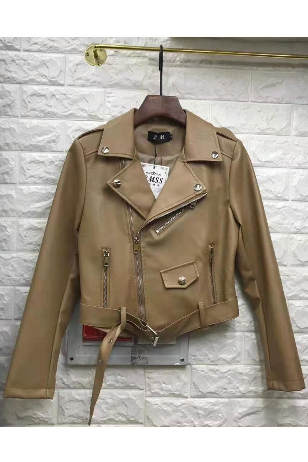 Women Fascinating Lapel Collar Long Sleeves Side Straight Zipper Pocket Waist Belt & Buckle Zippered Fastener Smooth Winter Leat