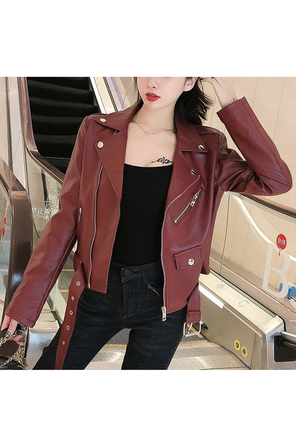 Women Fascinating Lapel Collar Long Sleeves Side Straight Zipper Pocket Waist Belt & Buckle Zippered Fastener Smooth Winter Leat