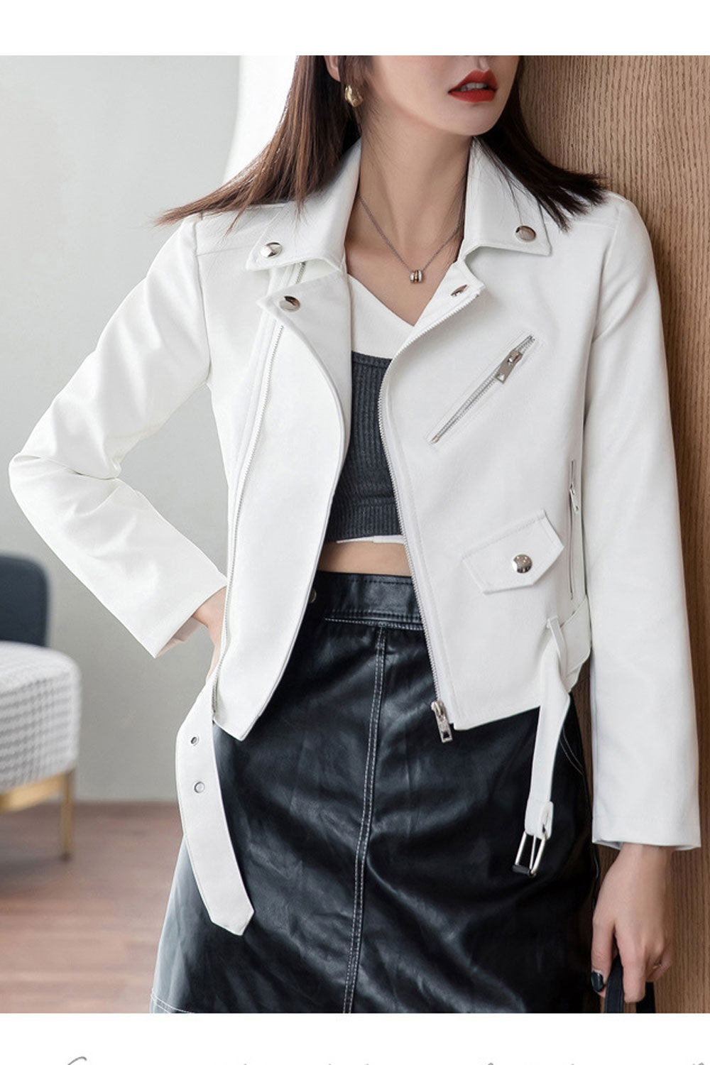 Women Fascinating Lapel Collar Long Sleeves Side Straight Zipper Pocket Waist Belt & Buckle Zippered Fastener Smooth Winter Leat