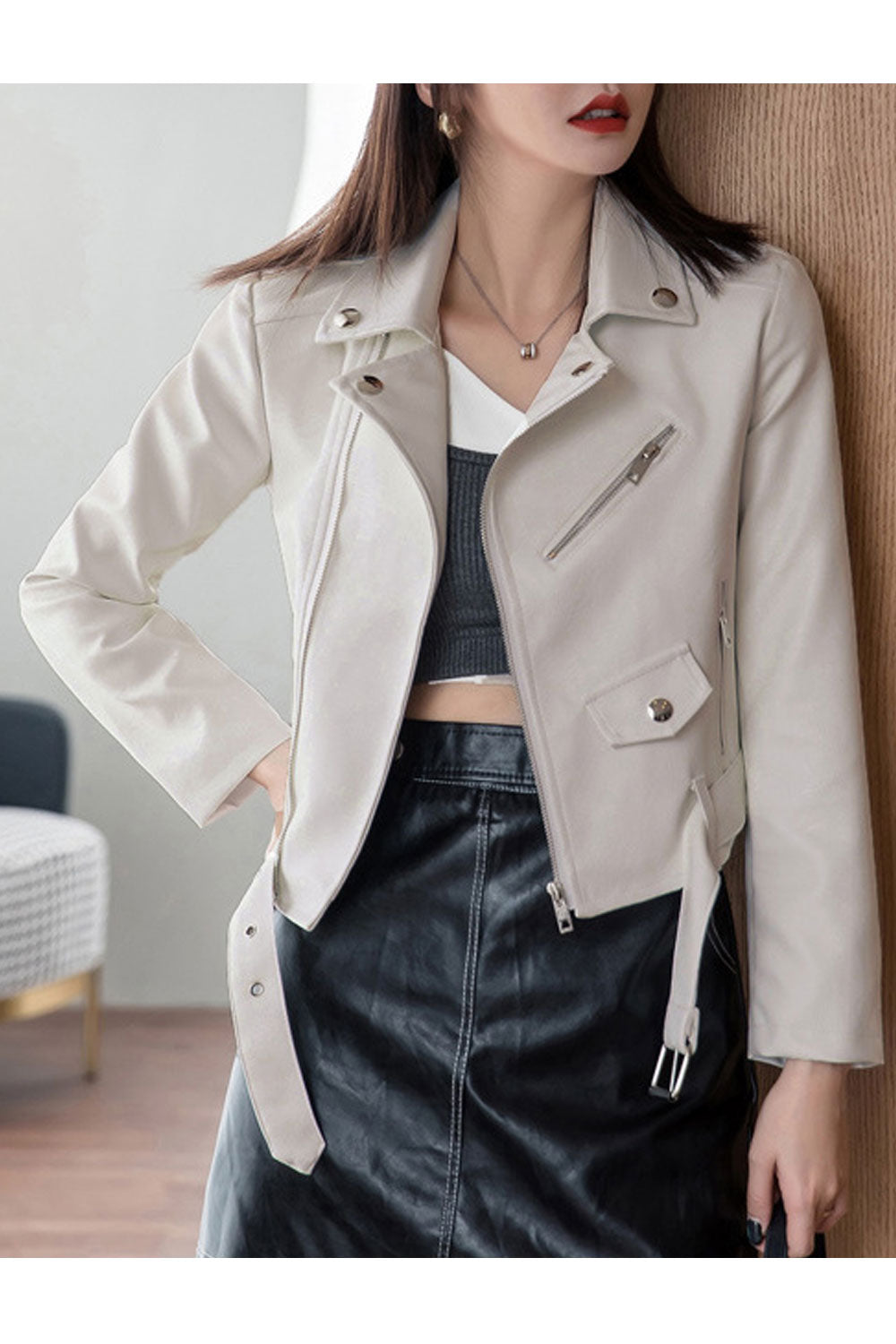 Women Fascinating Lapel Collar Long Sleeves Side Straight Zipper Pocket Waist Belt & Buckle Zippered Fastener Smooth Winter Leat