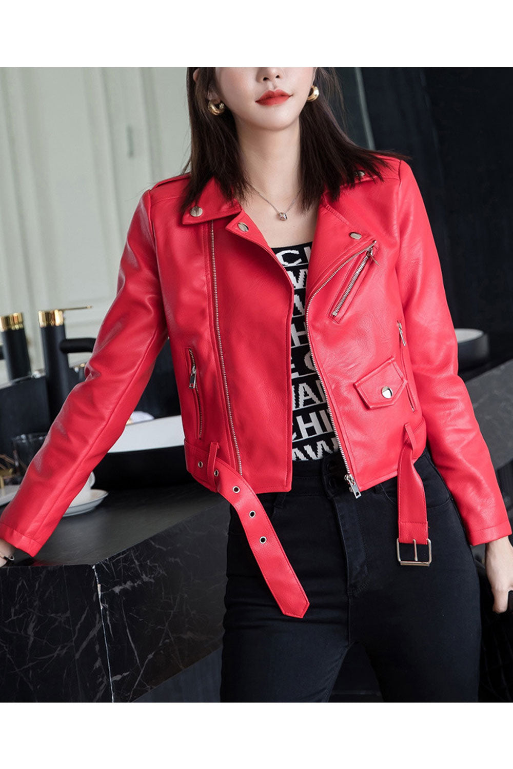 Women Fascinating Lapel Collar Long Sleeves Side Straight Zipper Pocket Waist Belt & Buckle Zippered Fastener Smooth Winter Leat