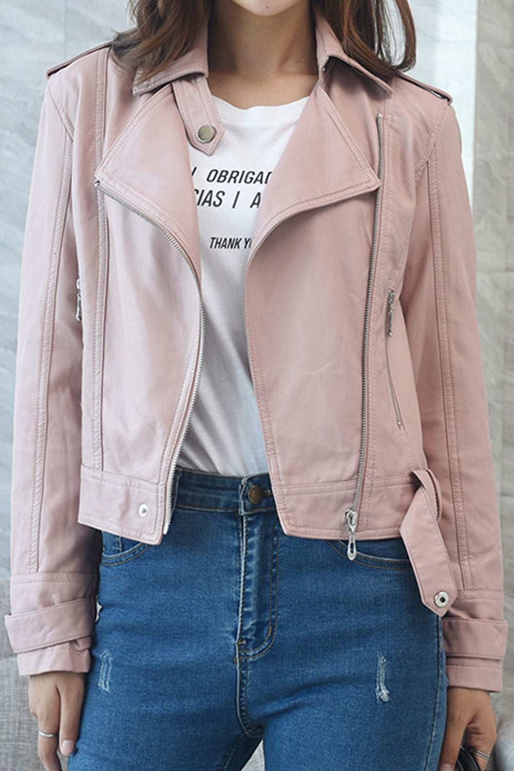 Women Enthralling Lapel Collar Neck Side Zippered Pocket & Easy Cross Zipper Fastener Cozy Winter Leather Jacket