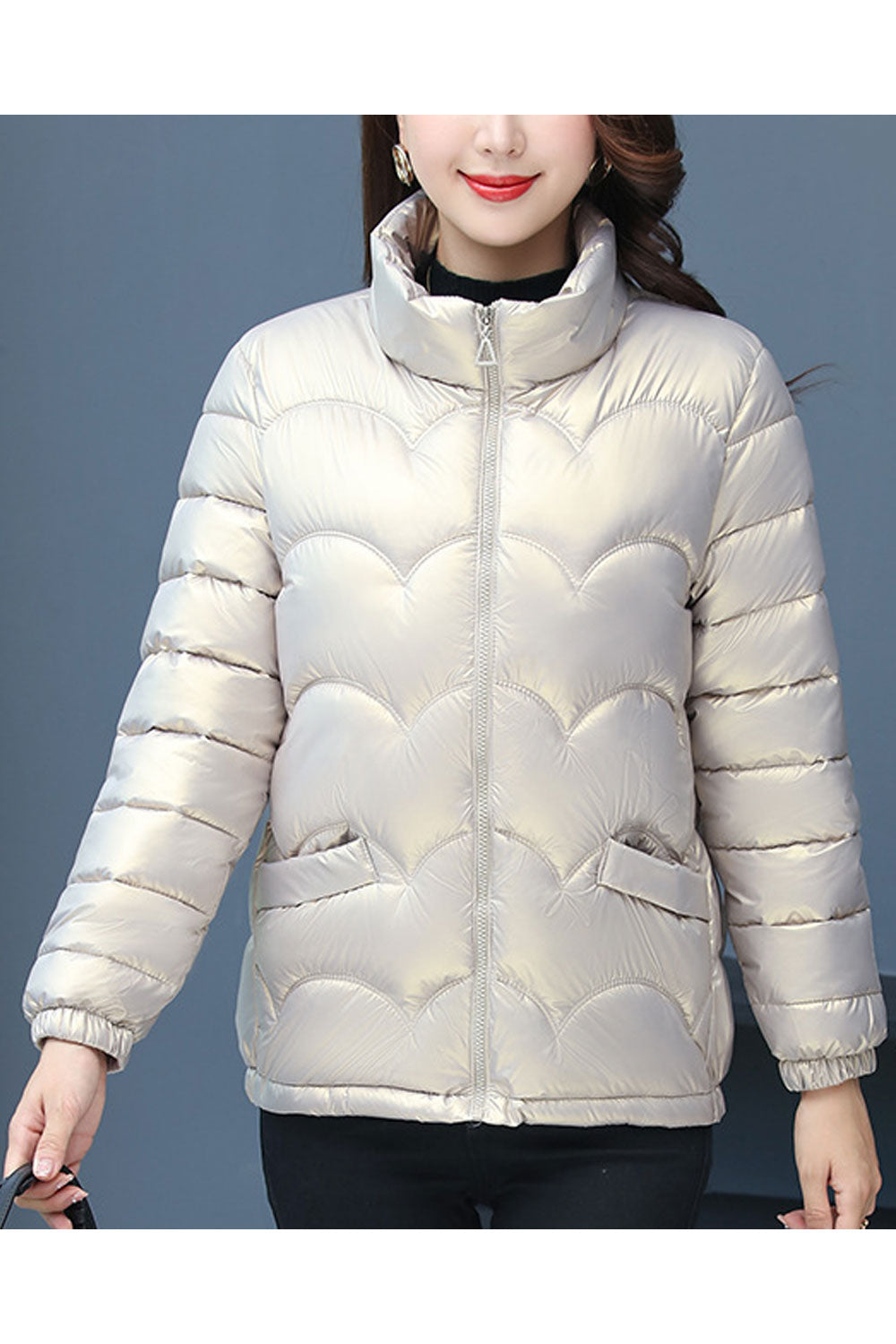 Women Fascinating Stand Collar Neck Stretchable Cuff Patch pocket & Front Zip Closure Slim Calm Winter Padded Jacket