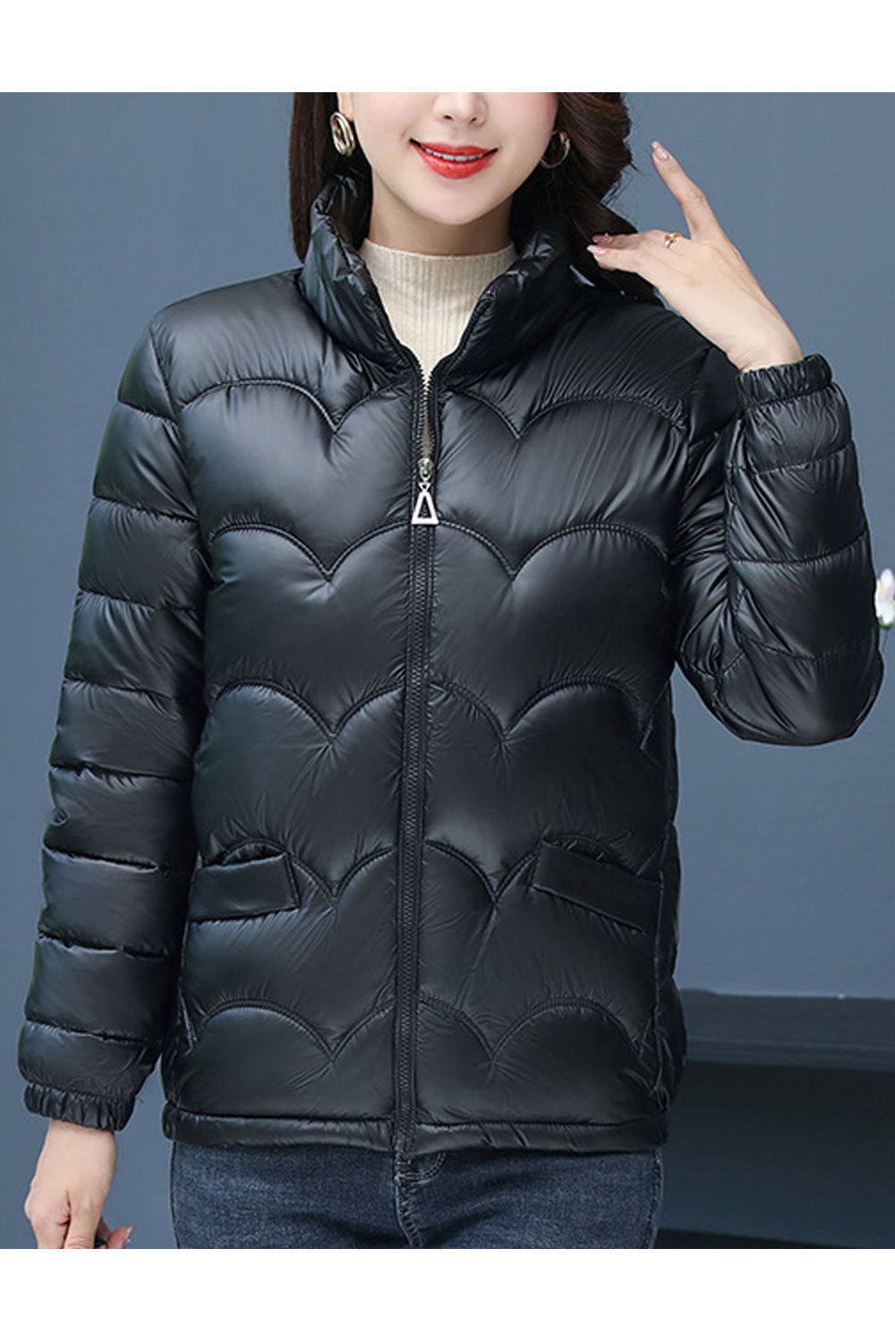 Women Fascinating Stand Collar Neck Stretchable Cuff Patch pocket & Front Zip Closure Slim Calm Winter Padded Jacket