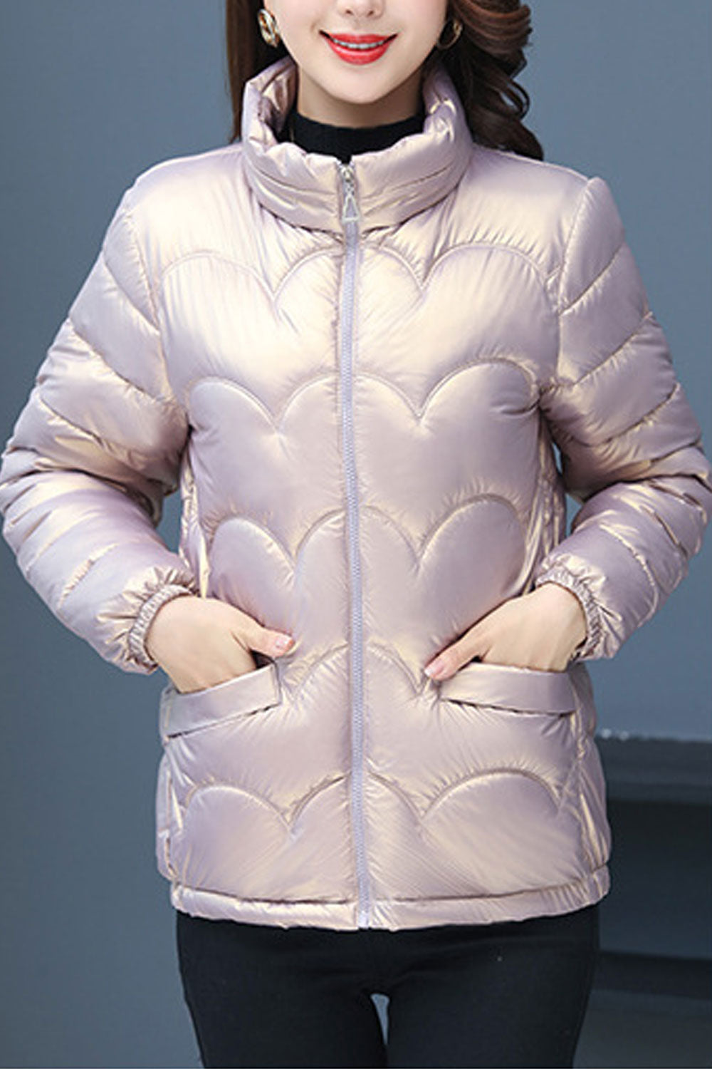 Women Fascinating Stand Collar Neck Stretchable Cuff Patch pocket & Front Zip Closure Slim Calm Winter Padded Jacket
