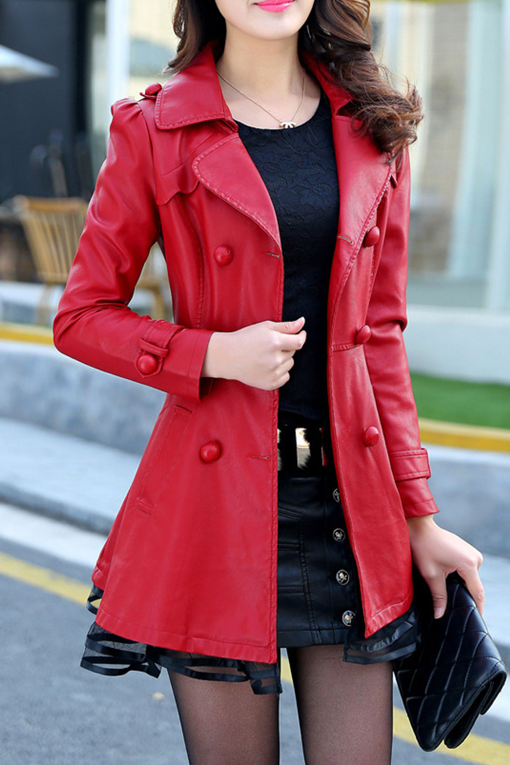 Women Iconic Colored Blazer Styled Lapel Collar Long Sleeves Waist Strap & Side Slash Pocket Fantastic Cozy Winter Leather Jacke