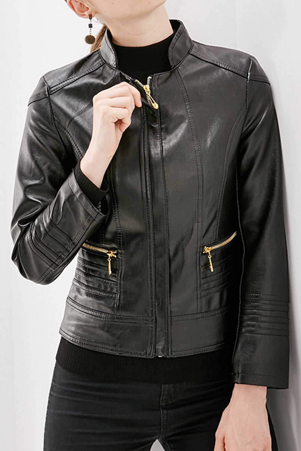 Women Fashionable Stand Collar Neck Long Sleeves Moveable Zippered Pocket & Front Fastener Skin Favorable Winter Leather Jacket