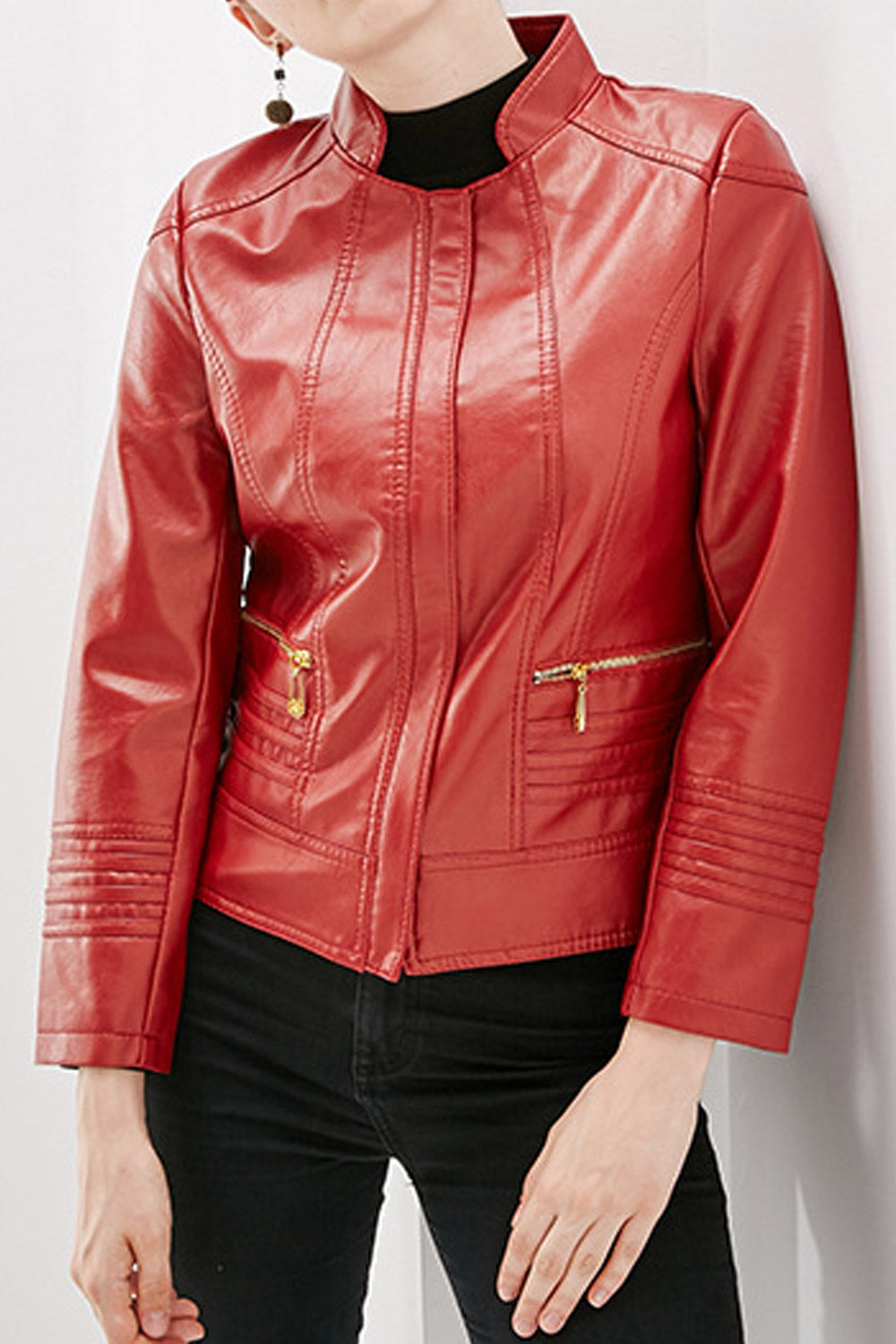 Women Fashionable Stand Collar Neck Long Sleeves Moveable Zippered Pocket & Front Fastener Skin Favorable Winter Leather Jacket