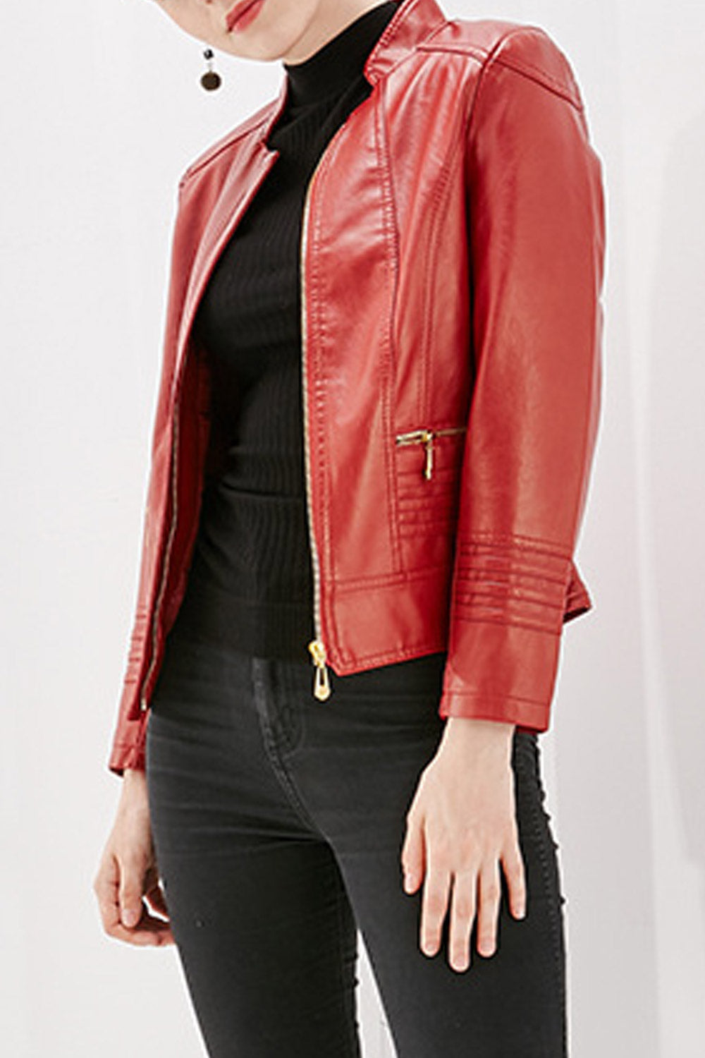 Women Fashionable Stand Collar Neck Long Sleeves Moveable Zippered Pocket & Front Fastener Skin Favorable Winter Leather Jacket