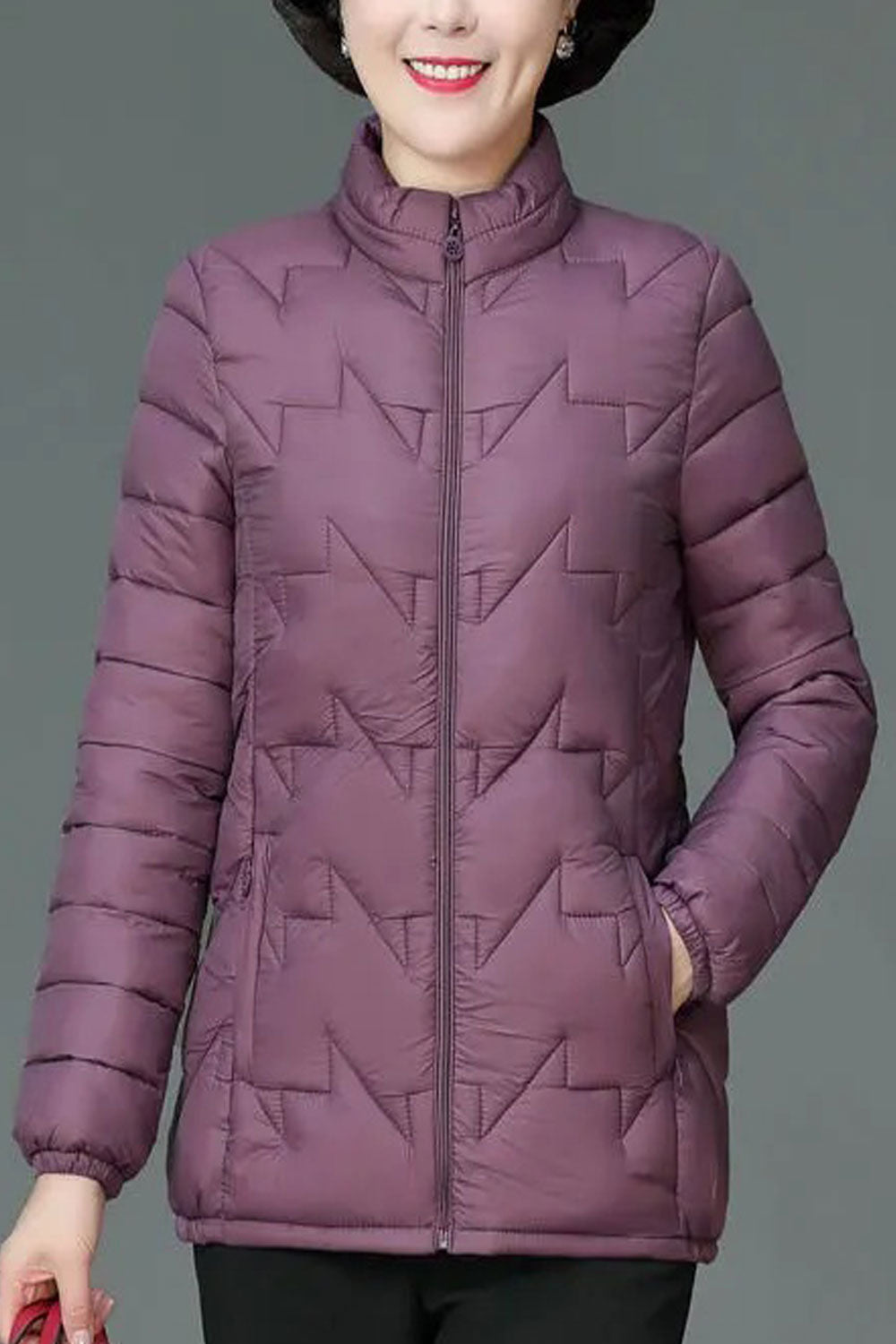 Women Charcoal Black Stand Collar Neck Stretchable Cuff Side Slash Pocket & Front Zip Fastener Body Fit Cozy Winter Padded Jacke