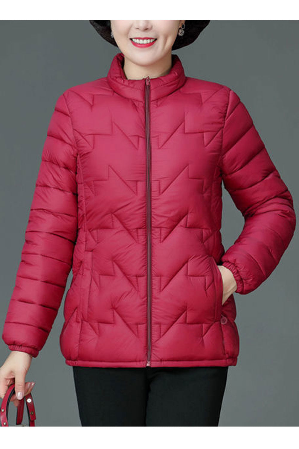 Women Charcoal Black Stand Collar Neck Stretchable Cuff Side Slash Pocket & Front Zip Fastener Body Fit Cozy Winter Padded Jacke