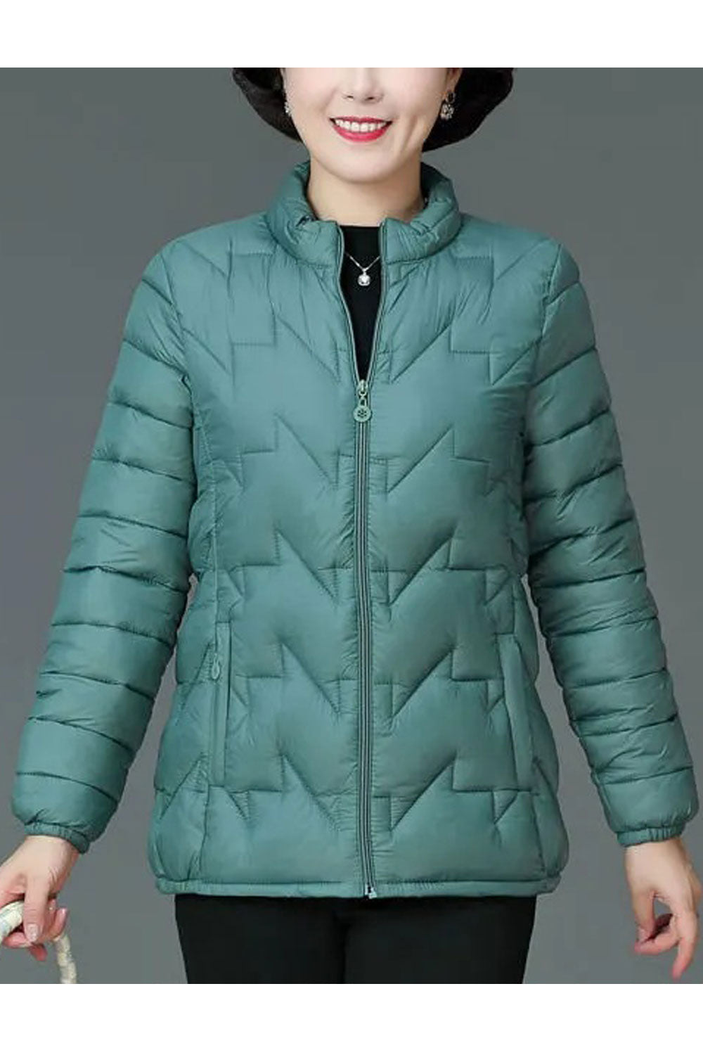 Women Charcoal Black Stand Collar Neck Stretchable Cuff Side Slash Pocket & Front Zip Fastener Body Fit Cozy Winter Padded Jacke