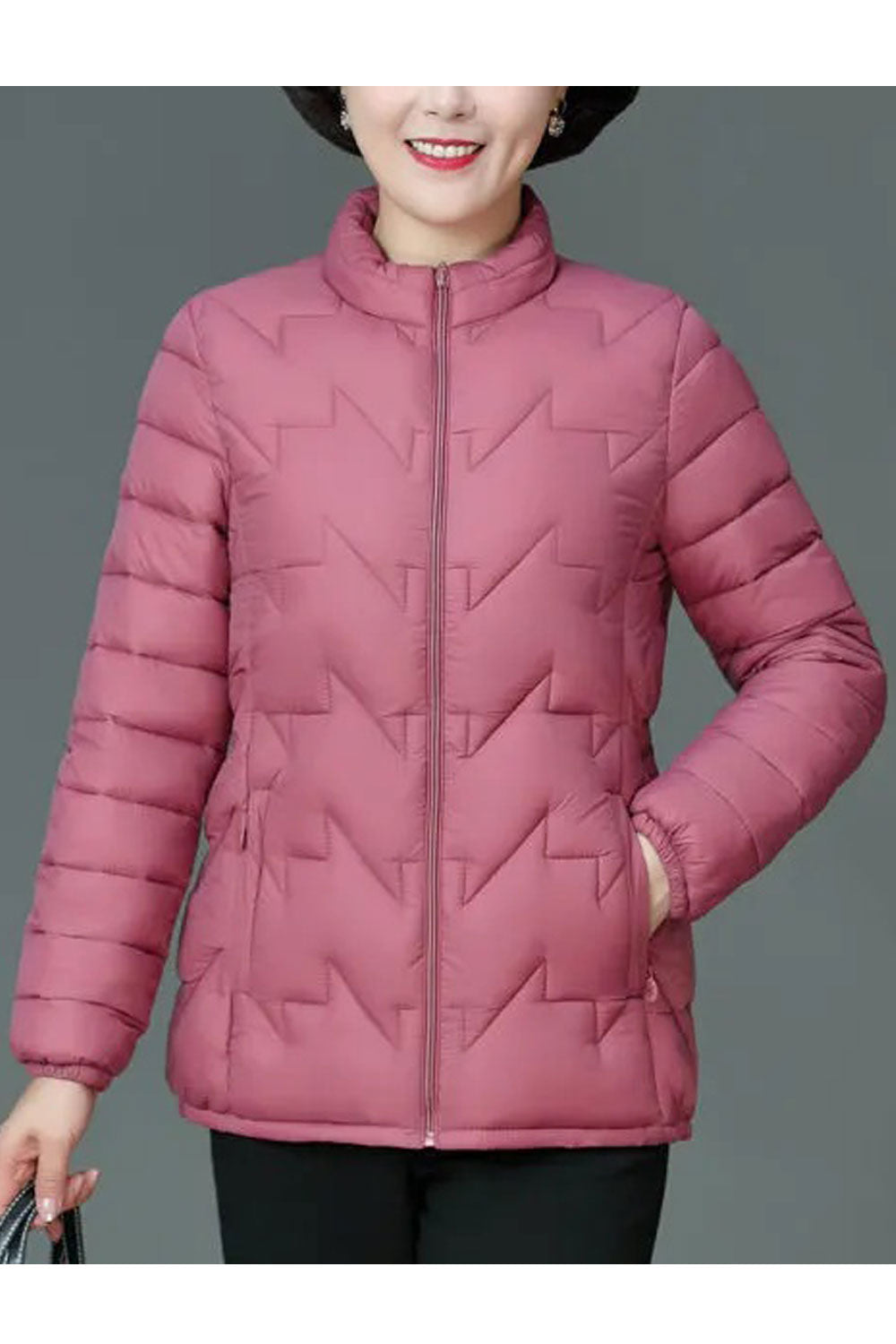 Women Charcoal Black Stand Collar Neck Stretchable Cuff Side Slash Pocket & Front Zip Fastener Body Fit Cozy Winter Padded Jacke