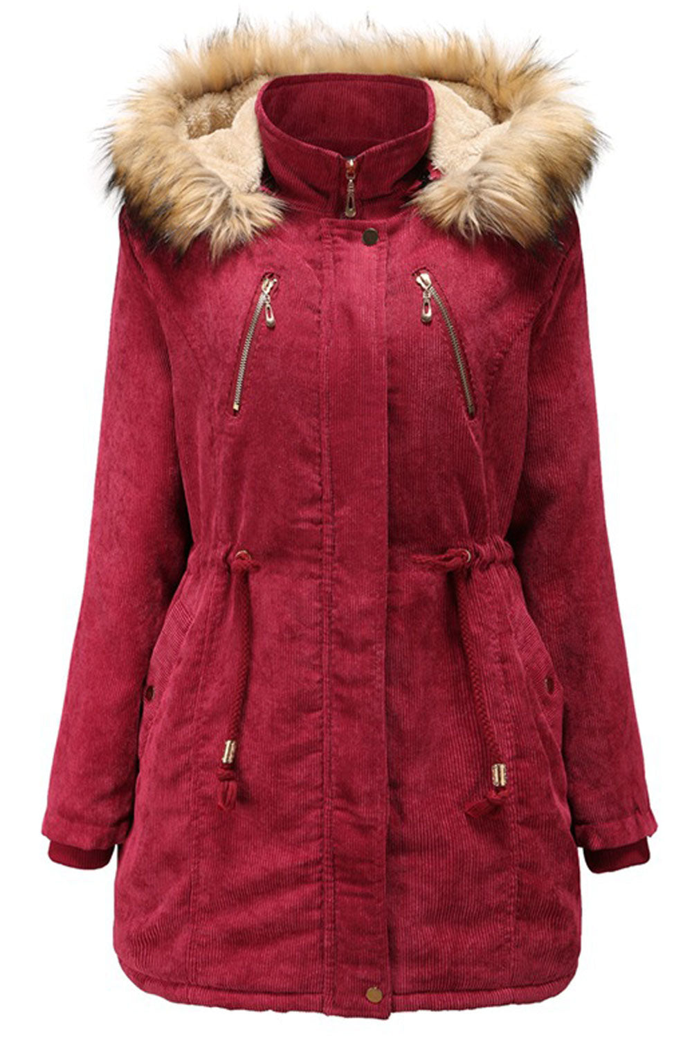 Women Whetted Contrast Fluffy Hooded Neck Knitted Ribbed Cuff Drawstring Waist Side Slash Pocket & Zippered Fastener Soothing Wi