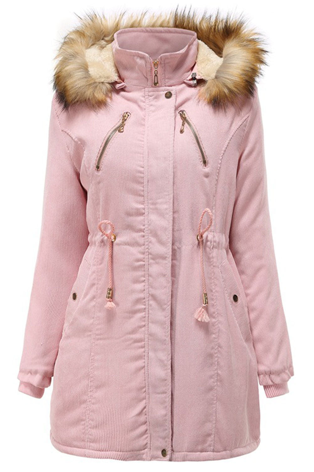 Women Whetted Contrast Fluffy Hooded Neck Knitted Ribbed Cuff Drawstring Waist Side Slash Pocket & Zippered Fastener Soothing Wi