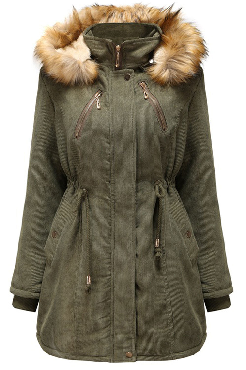 Women Whetted Contrast Fluffy Hooded Neck Knitted Ribbed Cuff Drawstring Waist Side Slash Pocket & Zippered Fastener Soothing Wi
