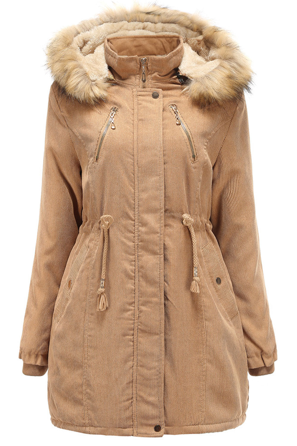 Women Whetted Contrast Fluffy Hooded Neck Knitted Ribbed Cuff Drawstring Waist Side Slash Pocket & Zippered Fastener Soothing Wi