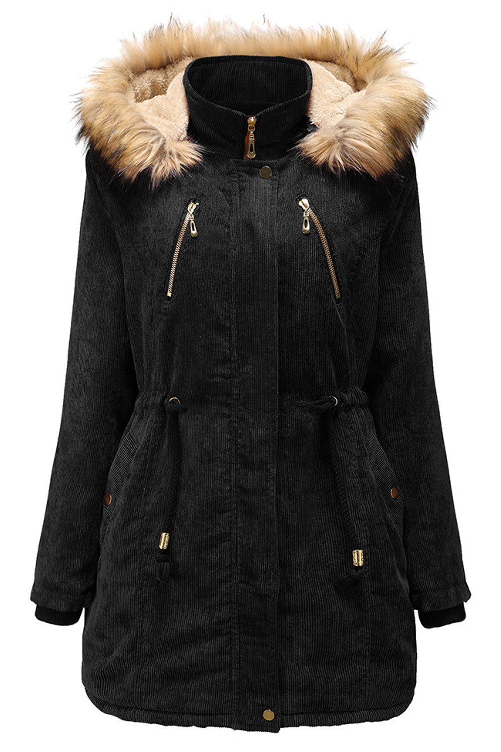 Women Whetted Contrast Fluffy Hooded Neck Knitted Ribbed Cuff Drawstring Waist Side Slash Pocket & Zippered Fastener Soothing Wi