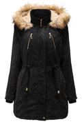 Women Whetted Contrast Fluffy Hooded Neck Knitted Ribbed Cuff Drawstring Waist Side Slash Pocket & Zippered Fastener Soothing Wi