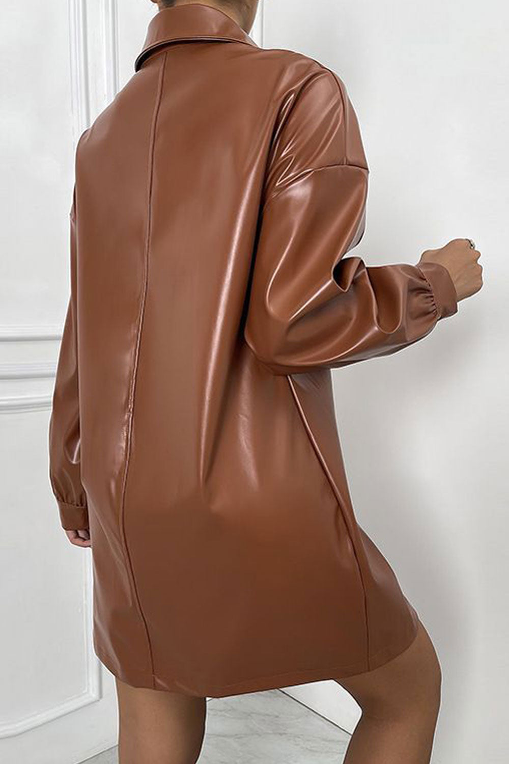 Women Lustrous Material Collar Neck Long Sleeves Stylish Cuff & Easy Buttoned Fastener Long Winter Leather Jacket