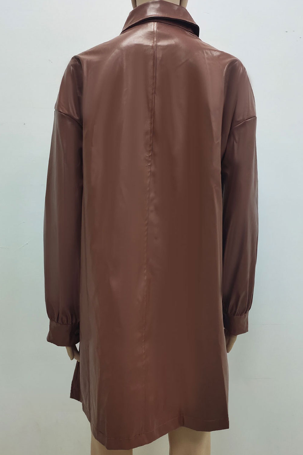 Women Lustrous Material Collar Neck Long Sleeves Stylish Cuff & Easy Buttoned Fastener Long Winter Leather Jacket