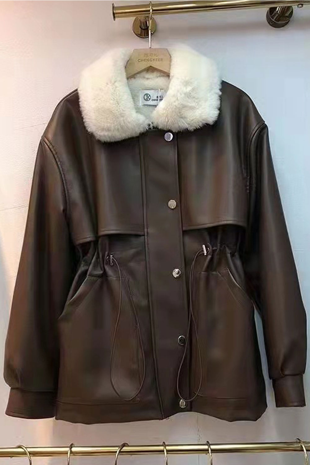 Women Thin Fluffy Collar Neck Stretchable Cuff & Waist Smooth Buttoned Fastener Winter Leather Jacket