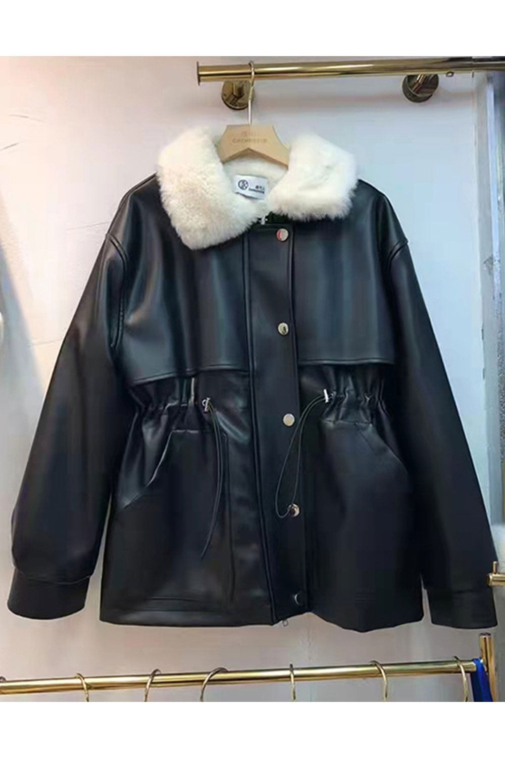 Women Thin Fluffy Collar Neck Stretchable Cuff & Waist Smooth Buttoned Fastener Winter Leather Jacket