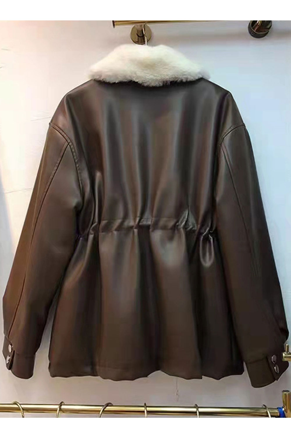 Women Thin Fluffy Collar Neck Stretchable Cuff & Waist Smooth Buttoned Fastener Winter Leather Jacket
