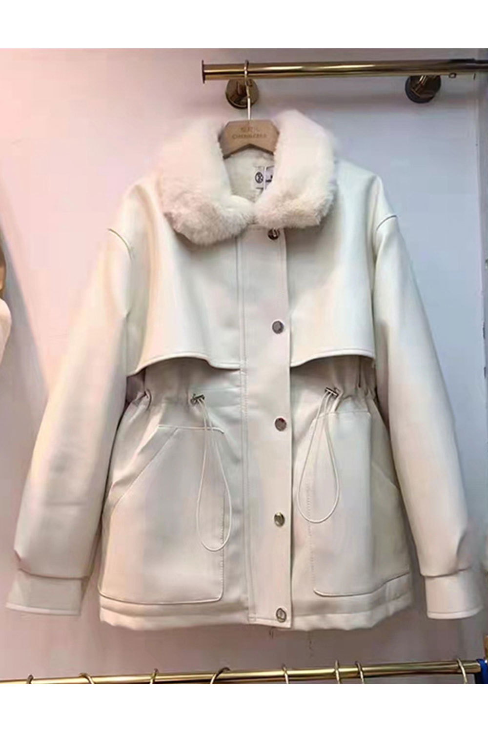 Women Thin Fluffy Collar Neck Stretchable Cuff & Waist Smooth Buttoned Fastener Winter Leather Jacket
