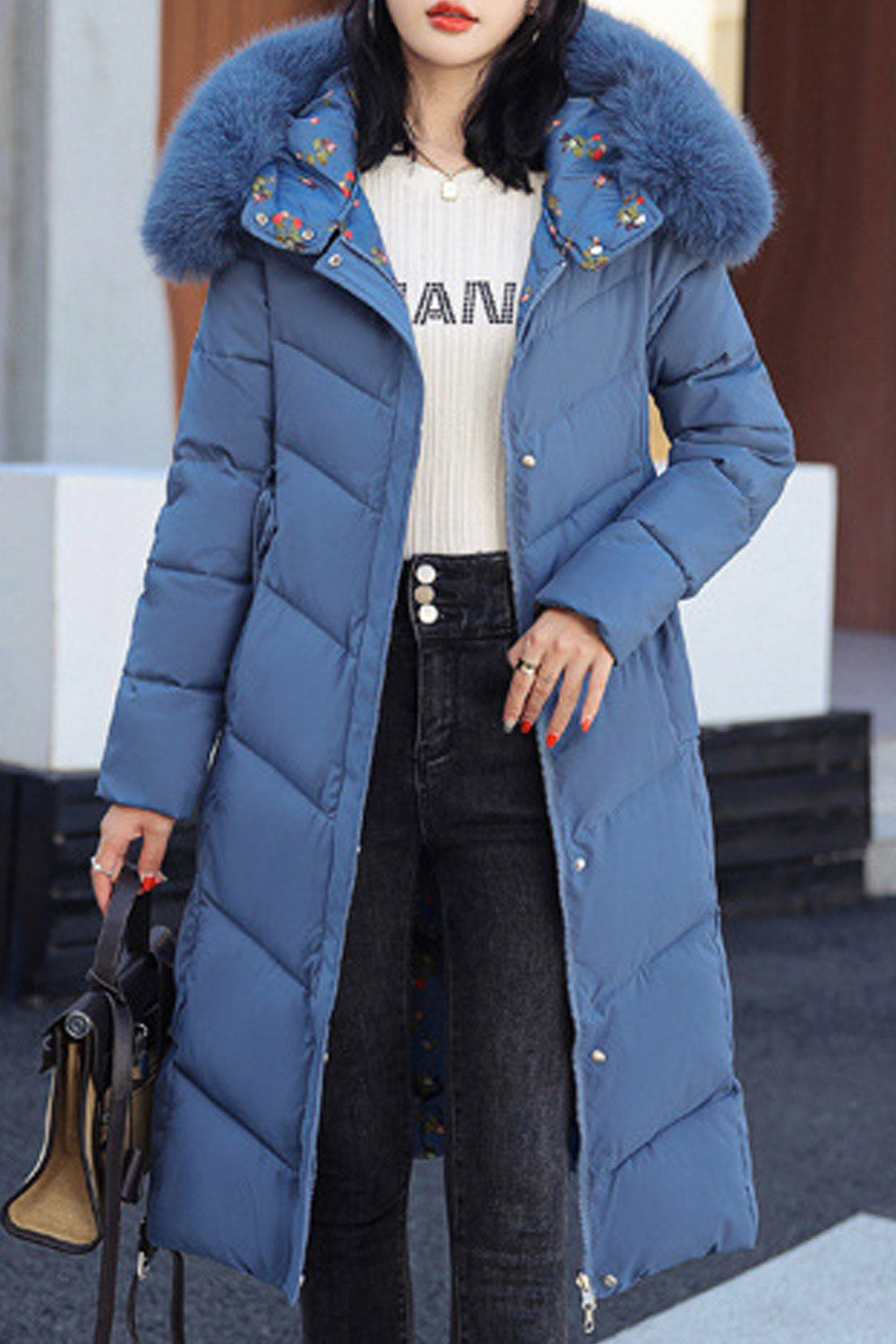Women Red Cherry Printed Fluffy Hooded Neck Waist Strap Slash Pocket Blow Knee Long Winter Padded Jacket