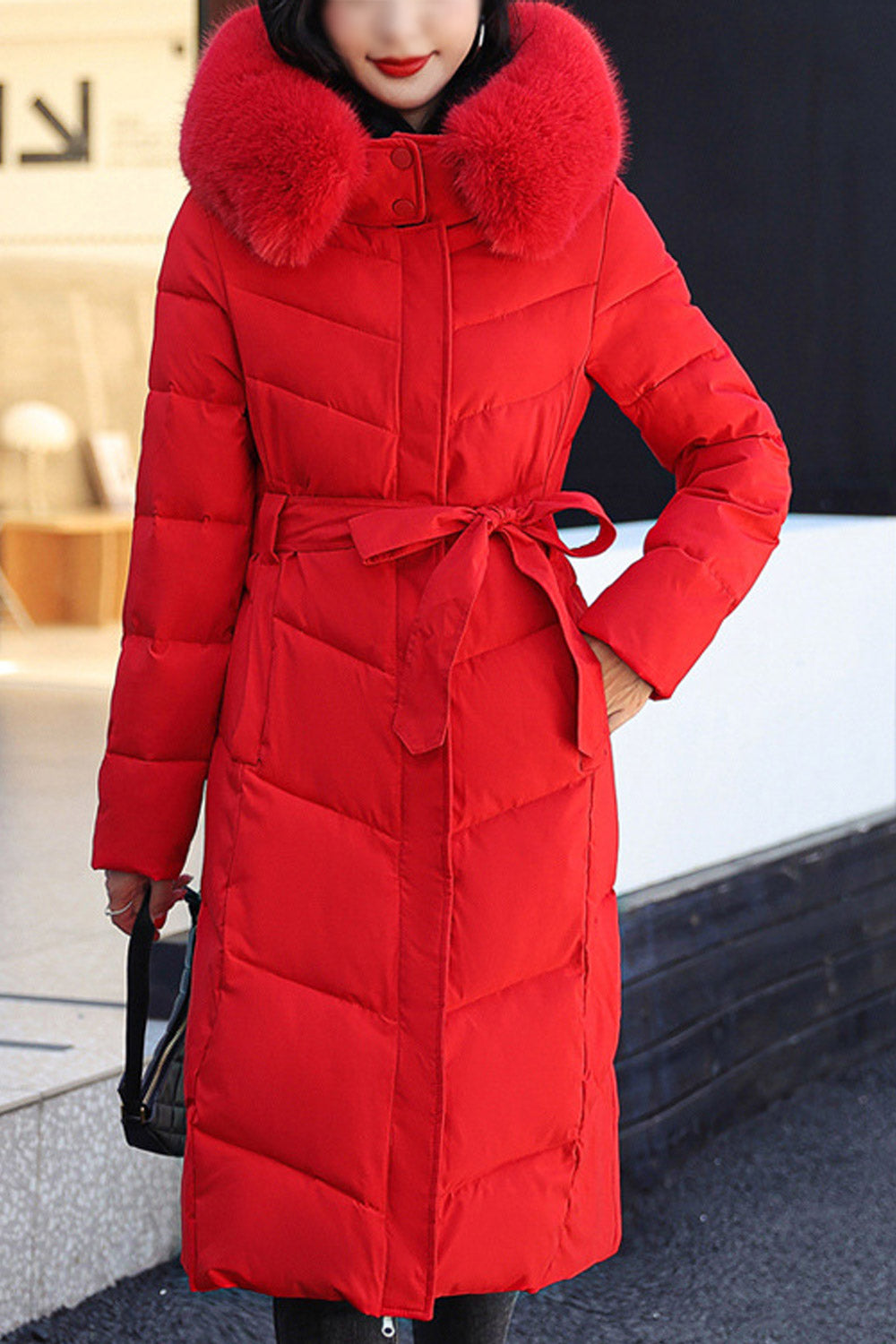 Women Red Cherry Printed Fluffy Hooded Neck Waist Strap Slash Pocket Blow Knee Long Winter Padded Jacket