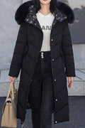 Women Red Cherry Printed Fluffy Hooded Neck Waist Strap Slash Pocket Blow Knee Long Winter Padded Jacket