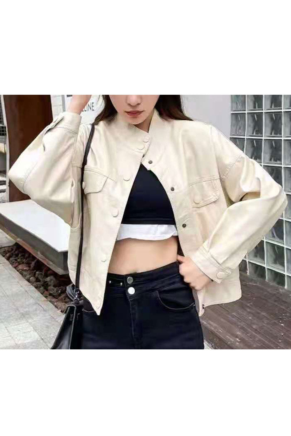 Women Fine Stand Collar Neck Buttoned Cuff & Buttoned Fastener Flap Closure Pocket Winter Leather Jacket