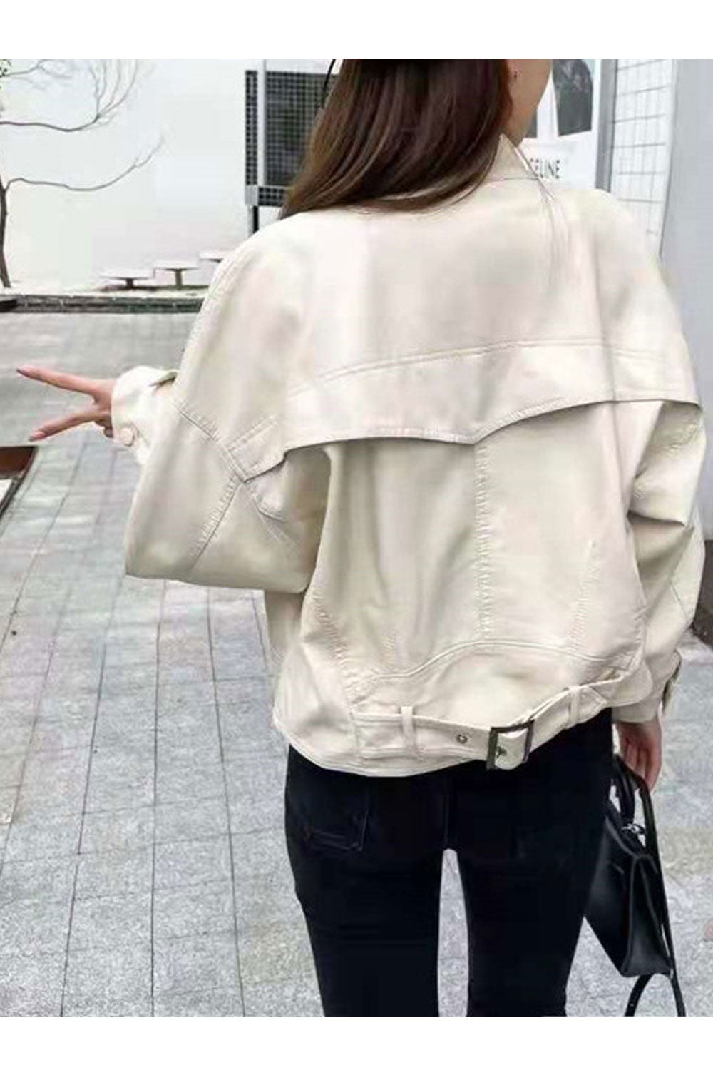 Women Fine Stand Collar Neck Buttoned Cuff & Buttoned Fastener Flap Closure Pocket Winter Leather Jacket