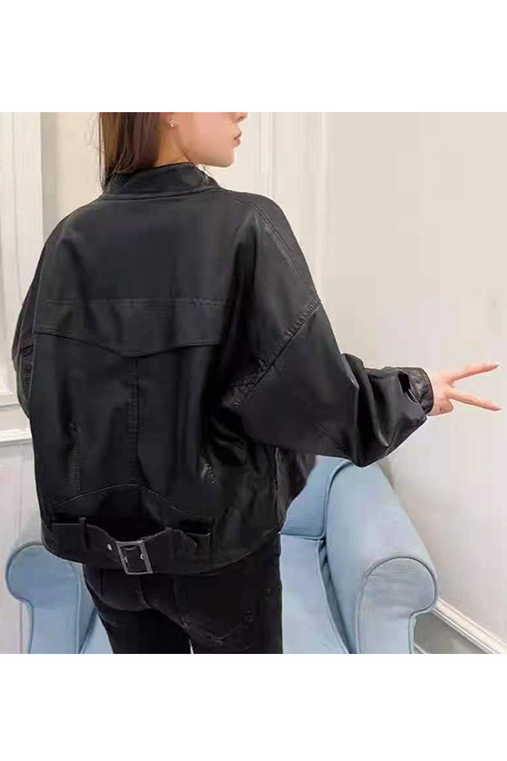 Women Fine Stand Collar Neck Buttoned Cuff & Buttoned Fastener Flap Closure Pocket Winter Leather Jacket