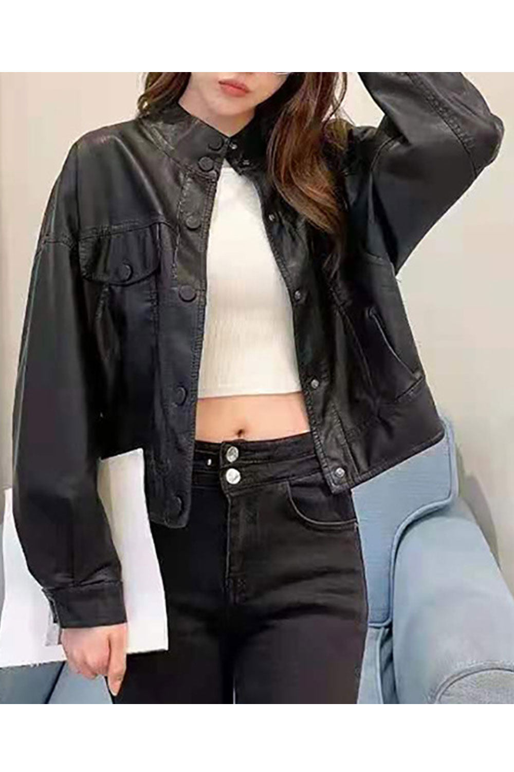 Women Fine Stand Collar Neck Buttoned Cuff & Buttoned Fastener Flap Closure Pocket Winter Leather Jacket