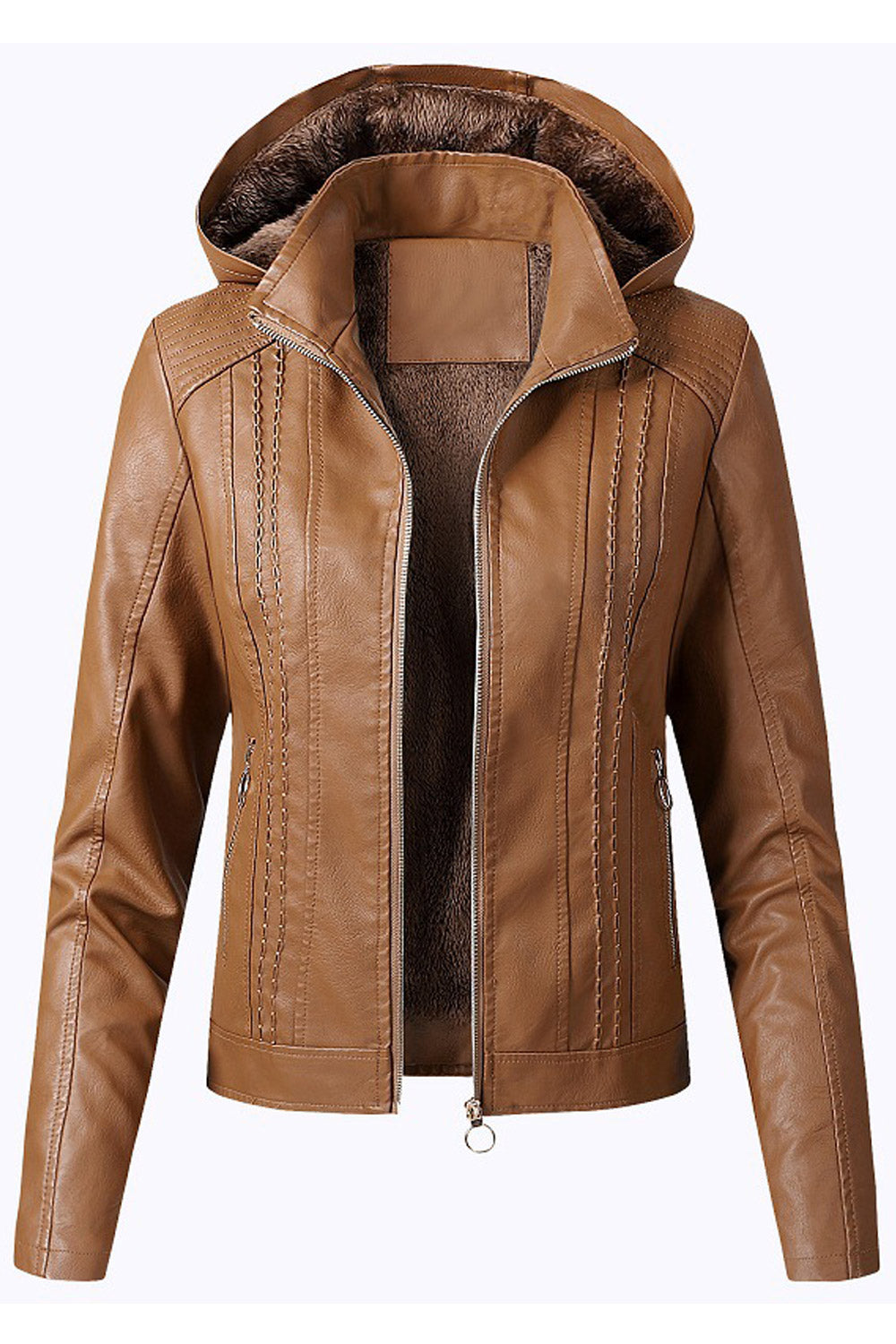 Women Elegant Solid Patterned Hooded Neck Fitted Long Sleeves Side Straight Zipper Pocket & Easy Front Fastener Winter Leather J