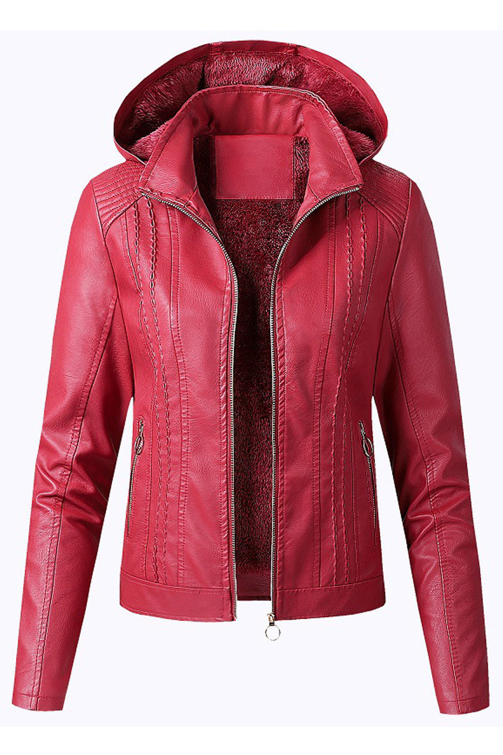 Women Elegant Solid Patterned Hooded Neck Fitted Long Sleeves Side Straight Zipper Pocket & Easy Front Fastener Winter Leather J