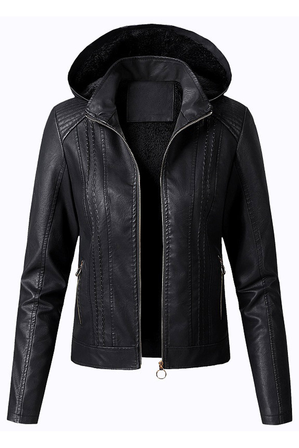 Women Elegant Solid Patterned Hooded Neck Fitted Long Sleeves Side Straight Zipper Pocket & Easy Front Fastener Winter Leather J