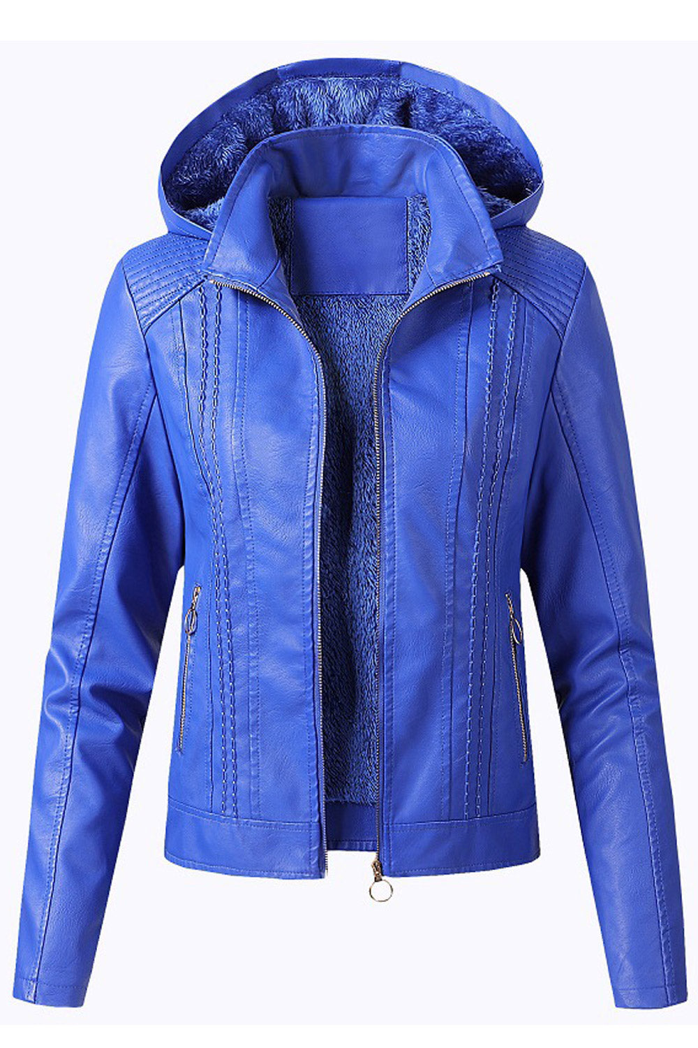 Women Elegant Solid Patterned Hooded Neck Fitted Long Sleeves Side Straight Zipper Pocket & Easy Front Fastener Winter Leather J