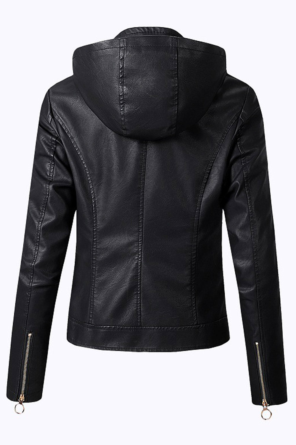Women Elegant Solid Patterned Hooded Neck Fitted Long Sleeves Side Straight Zipper Pocket & Easy Front Fastener Winter Leather J