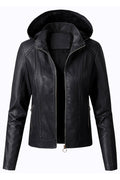 Women Elegant Solid Patterned Hooded Neck Fitted Long Sleeves Side Straight Zipper Pocket & Easy Front Fastener Winter Leather J