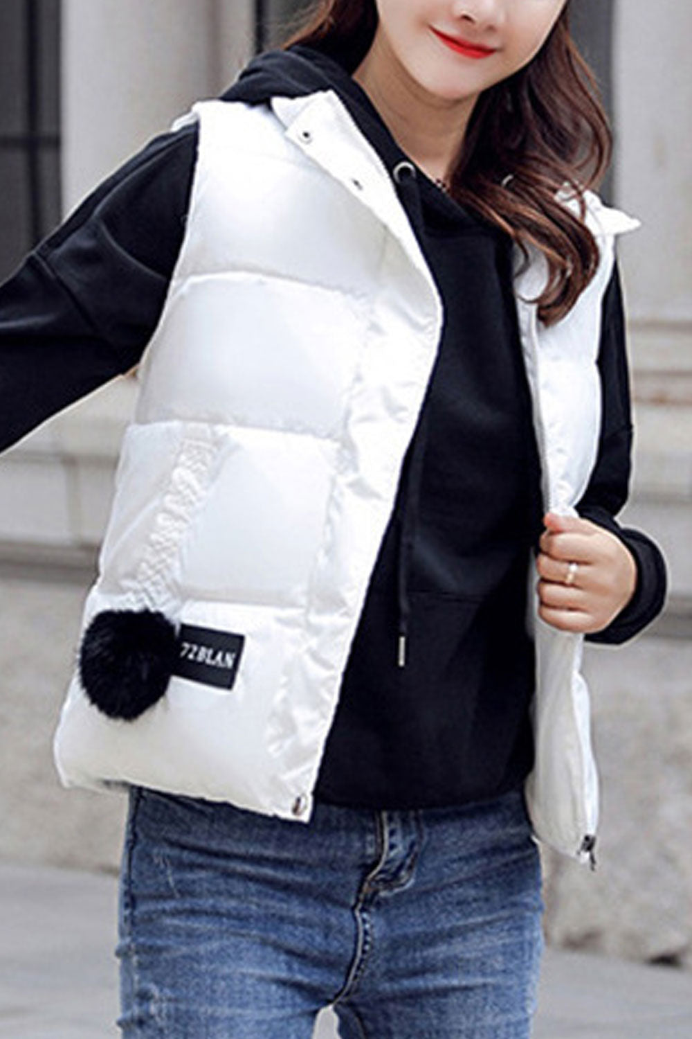 Women Stylish Long Front Zipper Side Pocket Padded Vest