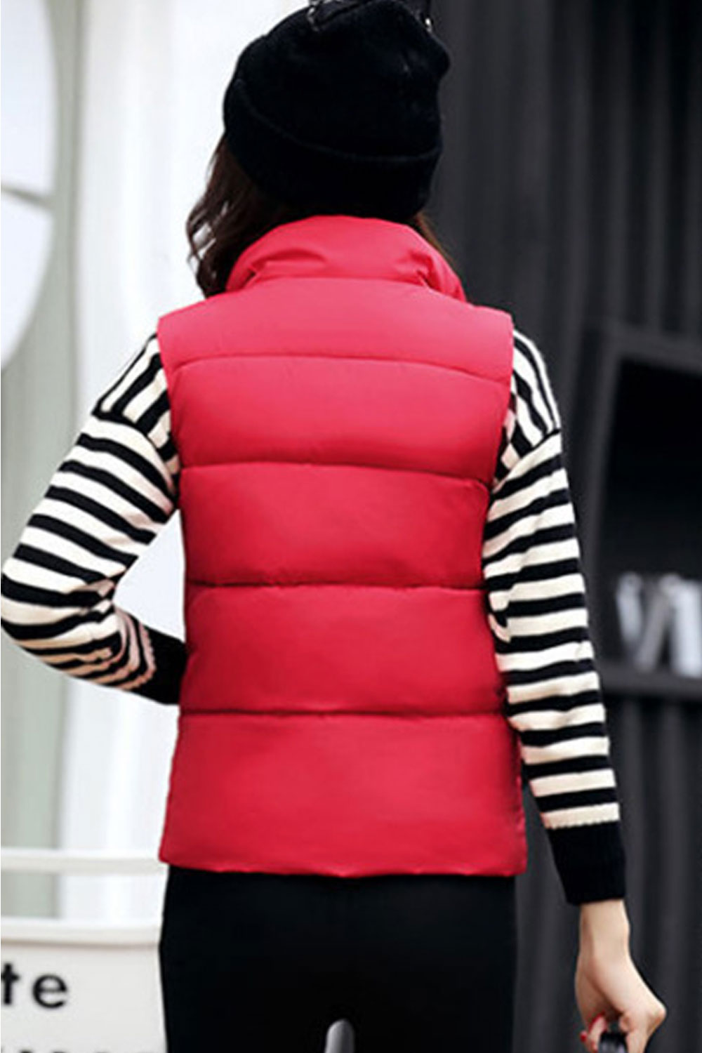 Women Stylish Long Front Zipper Side Pocket Padded Vest