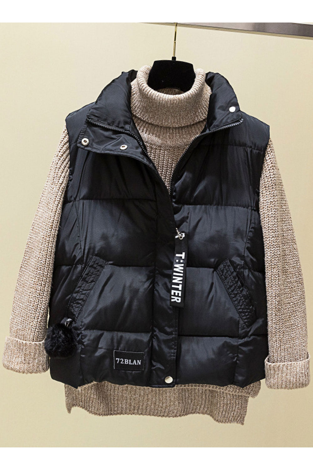 Women Stylish Long Front Zipper Side Pocket Padded Vest