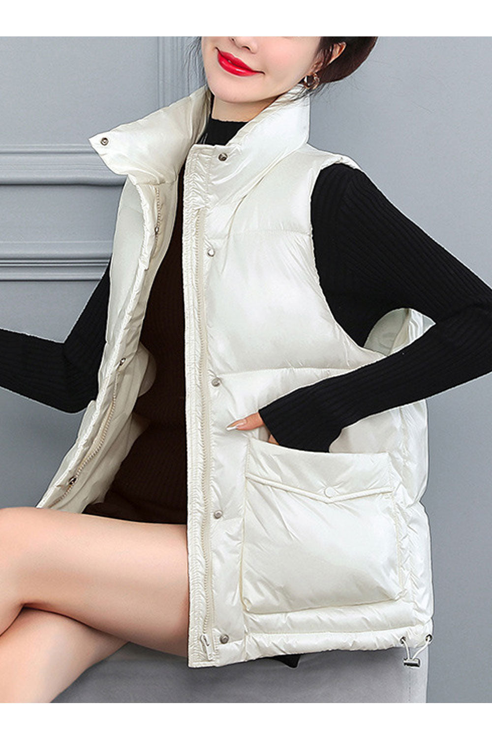 Women Small Collar Big Waist Pocket Stylish Padded Vest