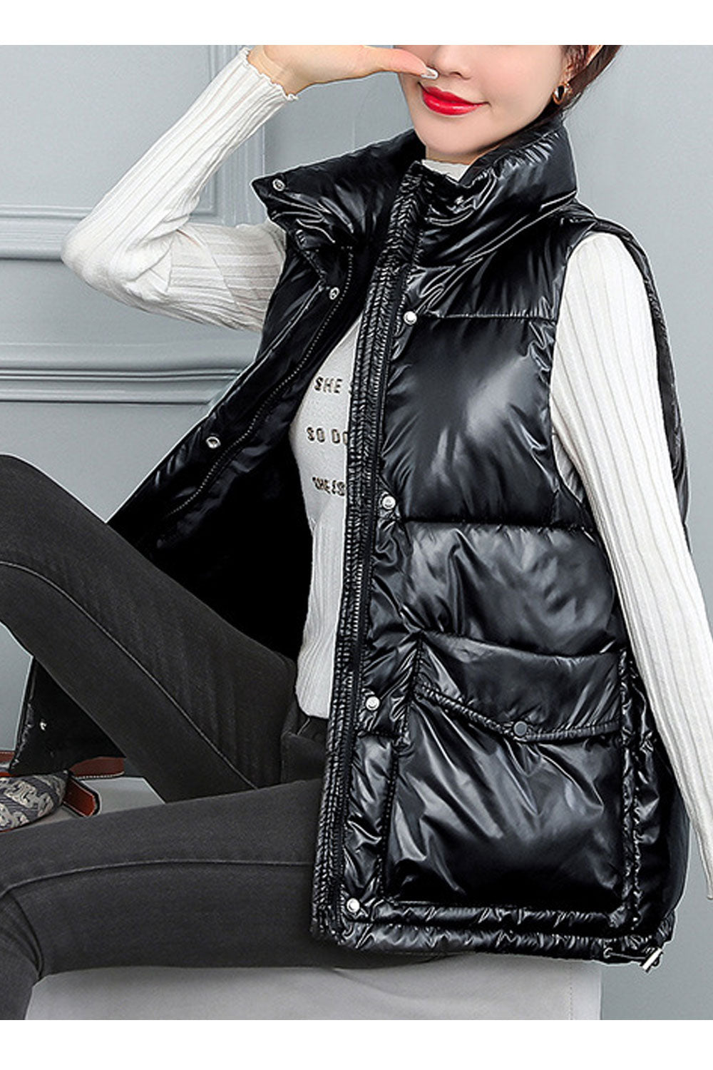 Women Small Collar Big Waist Pocket Stylish Padded Vest