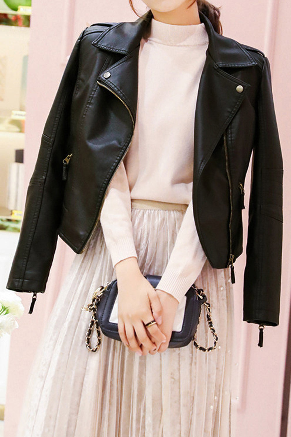 Women Fascinating Cross Zip Closure Backside Snake Printed Lapel Collar Dilute Winter Leather Jacket